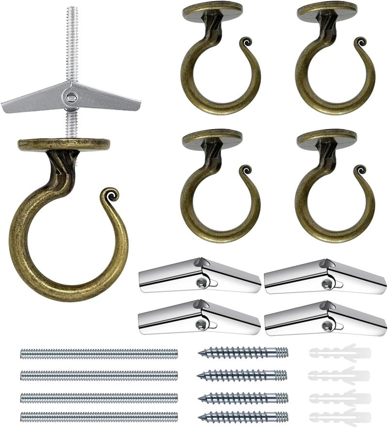 Evsteluo 2 Inch Heavy Duty Ceiling Hook – Easy Installation Zinc Alloy Hooks for Hanging Plants & Light Fixtures, Works on Wood, Concrete & Drywall (4 Sets, Antique Brass) - Image 1